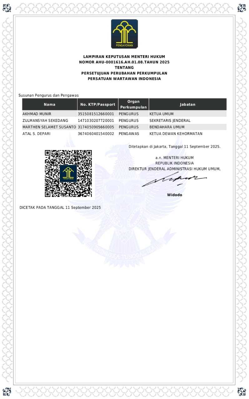 PWI Resmi Kembali Terdaftar di Kemenkum, Akses AHU Sangat Cepat dan Mudah
