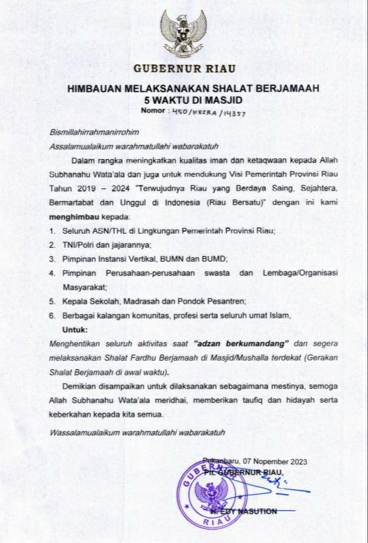 Plt Gubernur Riau Keluarkan Imbauan Shalat 5 Waktu di Masjid