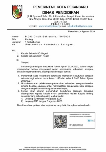 Surat Disdik Pekanbaru Beredar, Pemko Siapkan Seragam Gratis untuk Murid Baru SD dan SMP