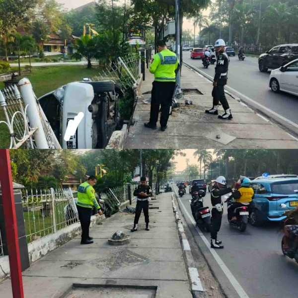 Diduga Microsleep, Honda Brio Hantam Tiang CCTV dan Pagar Taman Budaya di Pekanbaru