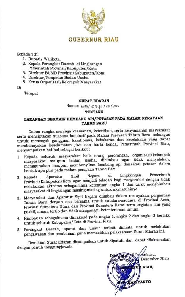 Pemerintah Riau Larang Kembang Api dan Petesan Malam Tahun Baru 2026
