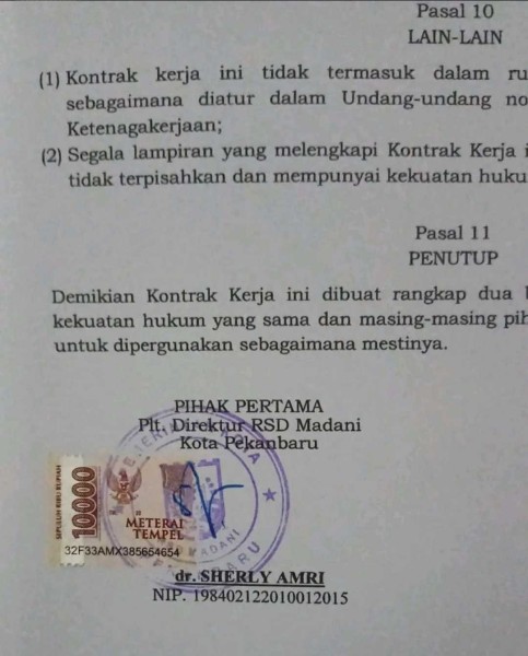 Direktur RSD Madani Tetap Teken Kontrak THL Non-database, BKPSDM Pekanbaru Setuju?