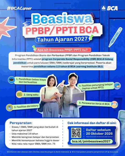 Pendaftaran Beasiswa PPBP dan PPTI BCA 2027 Dibuka Hingga 20 Oktober 2026